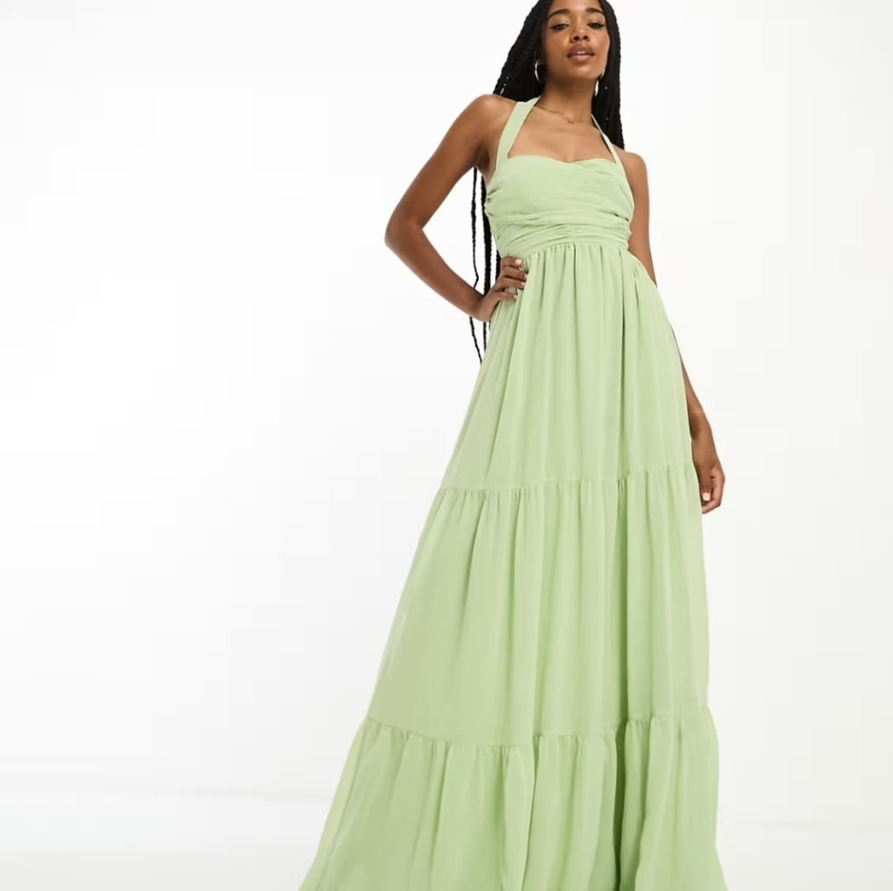 ASOS DESIGN Tall ruched bodice halter tiered maxi dress Sage green Wedding Y2K - Picture 5 of 13